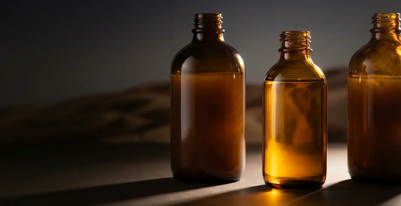 Comparación visual de aceite de argán puro versus mezclas baratas en botellas de cristal oscuro