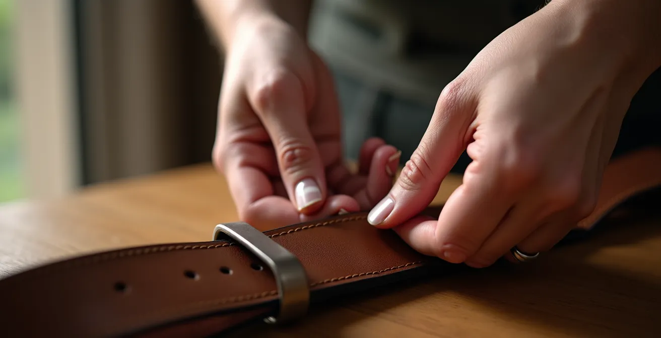 Manos aplicando acondicionador de cuero en la zona de la hebilla de un cinturón
