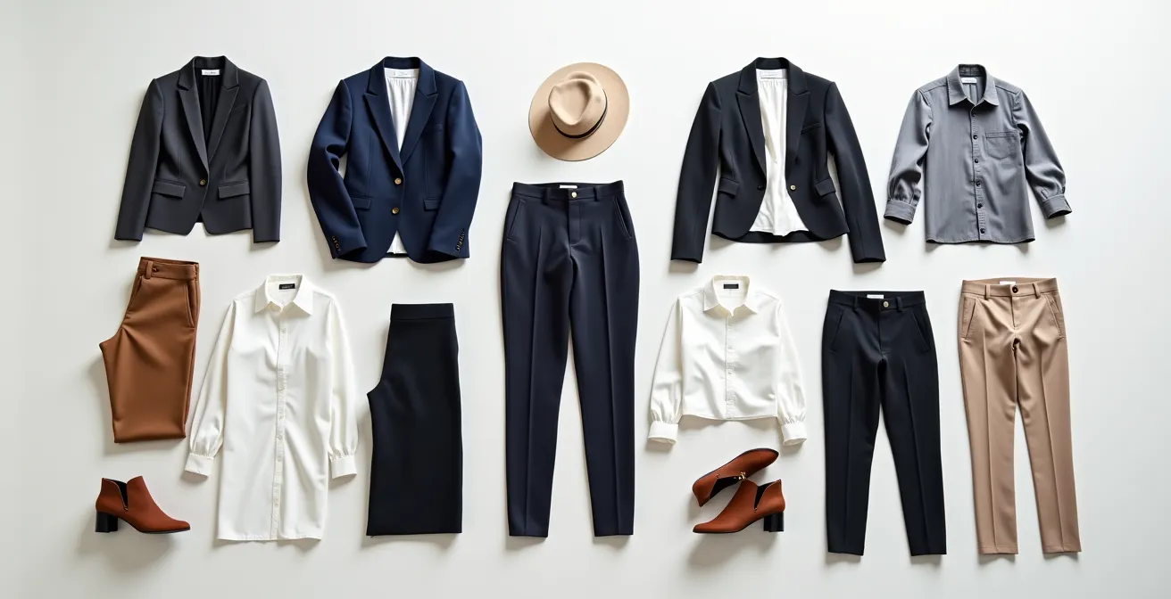 Vista cenital de armario cápsula profesional con 10 prendas esenciales organizadas