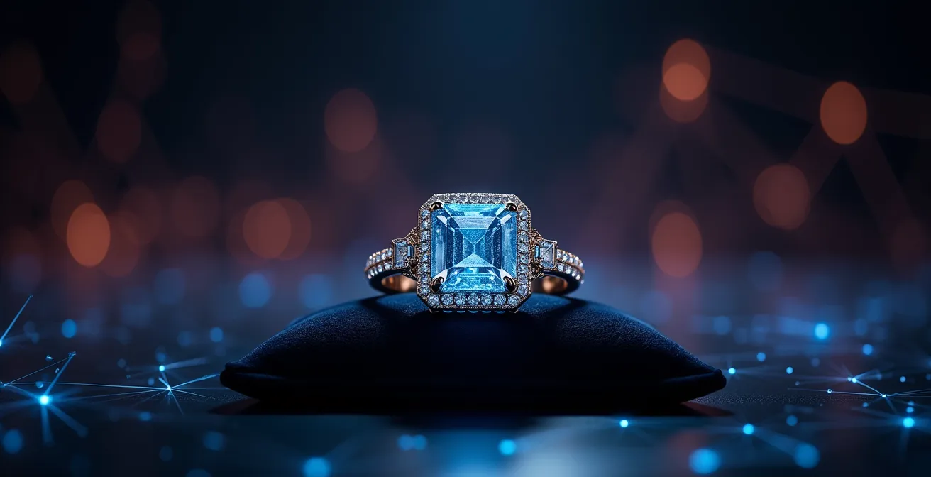 Certificado digital holográfico flotando sobre joya de lujo