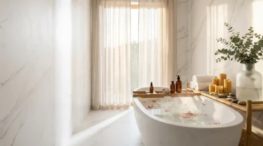 Ambiente de spa casero profesional con bañera llena de burbujas y pétalos flotantes, velas aromáticas, toallas enrolladas y plantas verdes