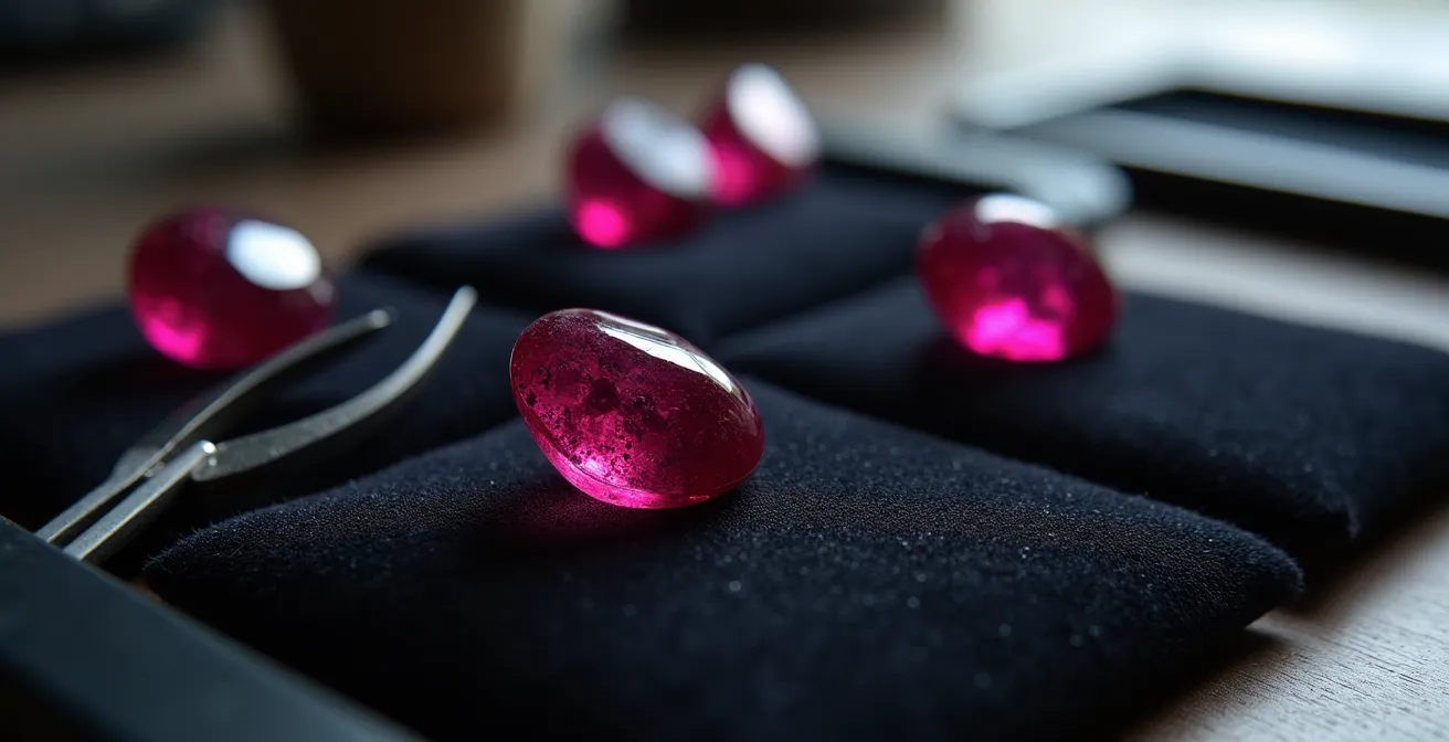 Detalle de burbujas de gas en rubí tratado con vidrio de plomo bajo iluminación lateral