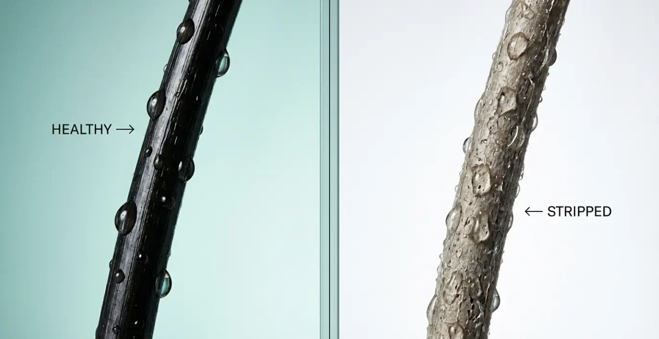 Comparación visual entre cabello tratado con champú sin sulfatos y con sulfatos mostrando diferencia en textura