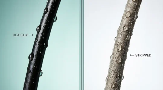 Comparación visual entre cabello tratado con champú sin sulfatos y con sulfatos mostrando diferencia en textura