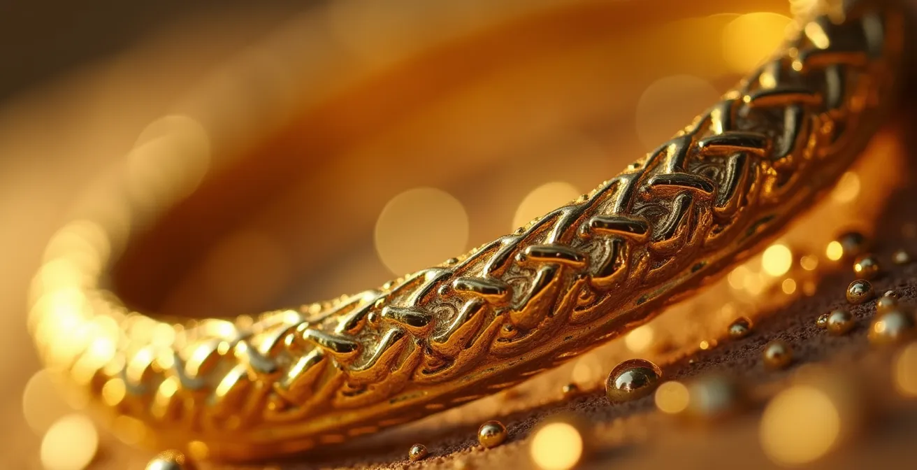 Detalle macro de micro código QR grabado en el reverso de una esclava de oro