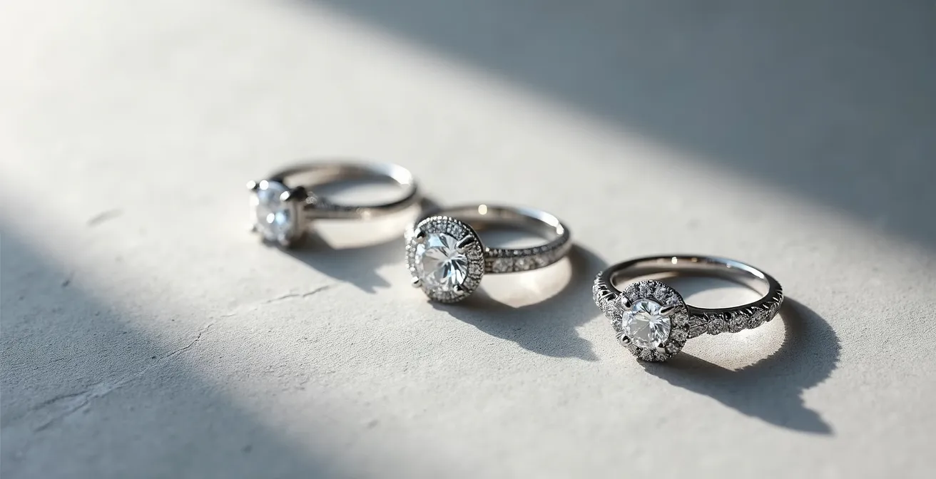Comparación visual de tres estilos de anillos: solitario, halo y tres piedras