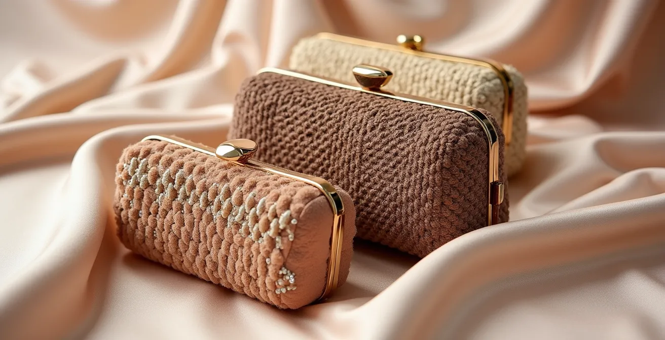 Composición elegante mostrando diferentes texturas de clutch para eventos formales