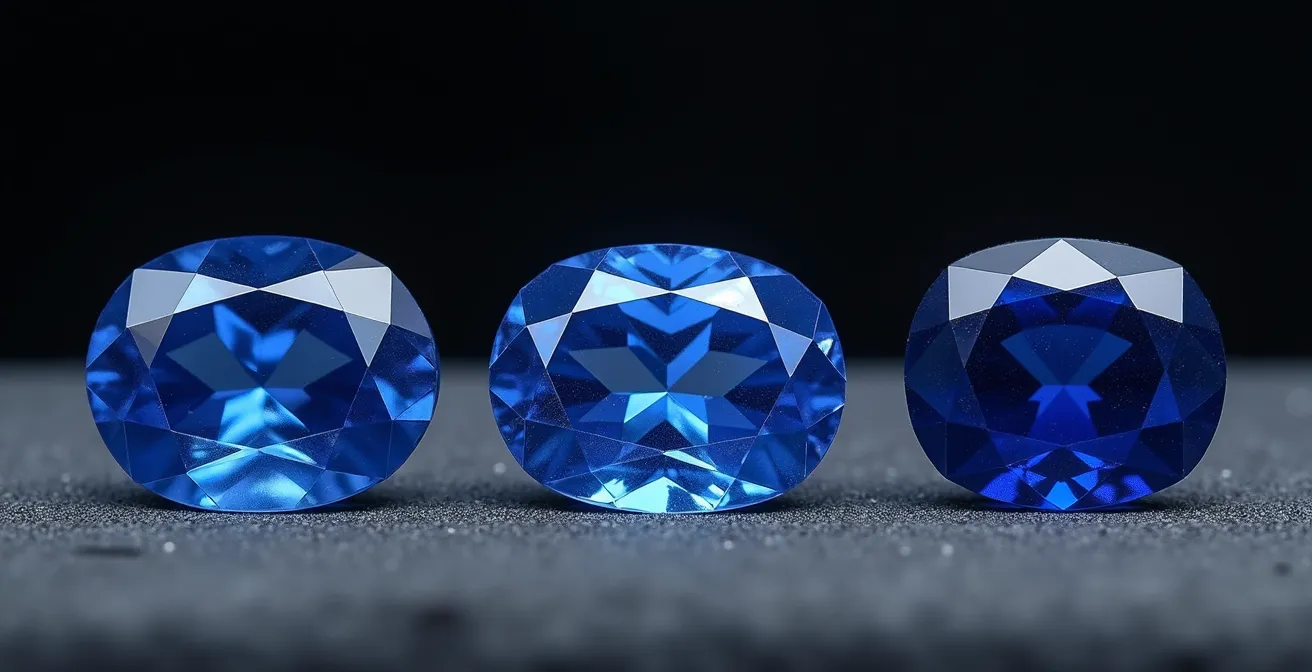 Comparación visual de zafiros azules de diferentes calidades bajo distintas fuentes de luz