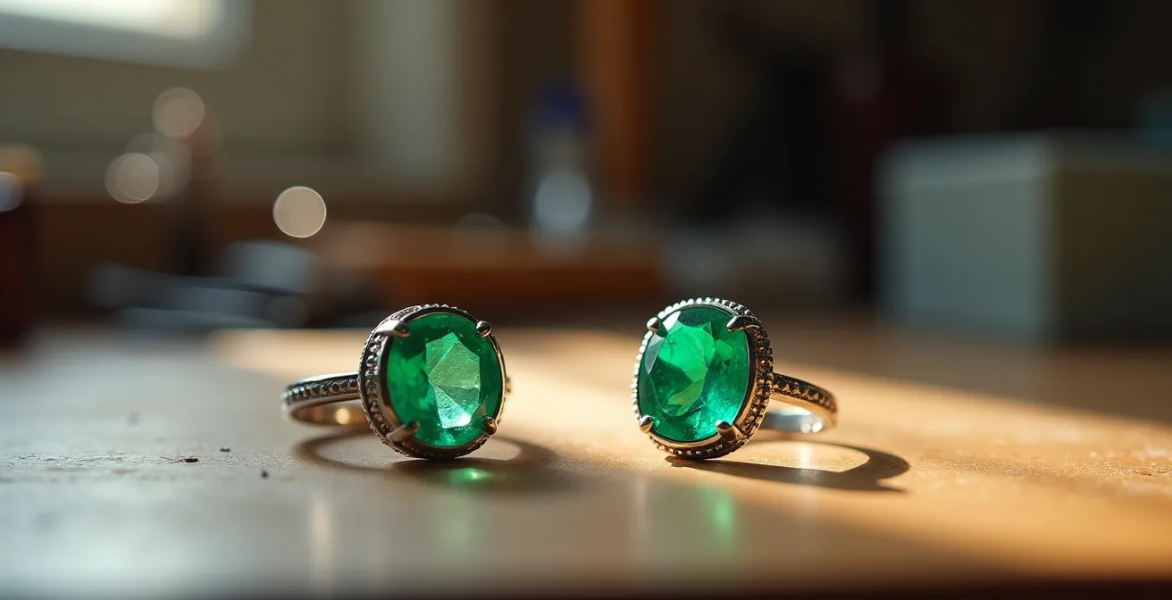 Comparación visual de engaste en bisel y engaste de garras en anillos de esmeralda
