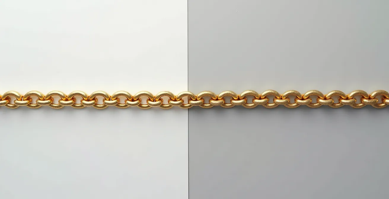 Comparación visual de eslabones de cadena de oro nuevos y después de 20 años de uso