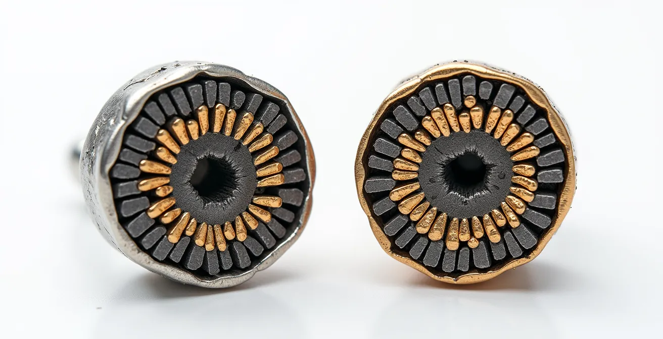 Sección transversal comparando una joya maciza artesanal con una joya hueca comercial