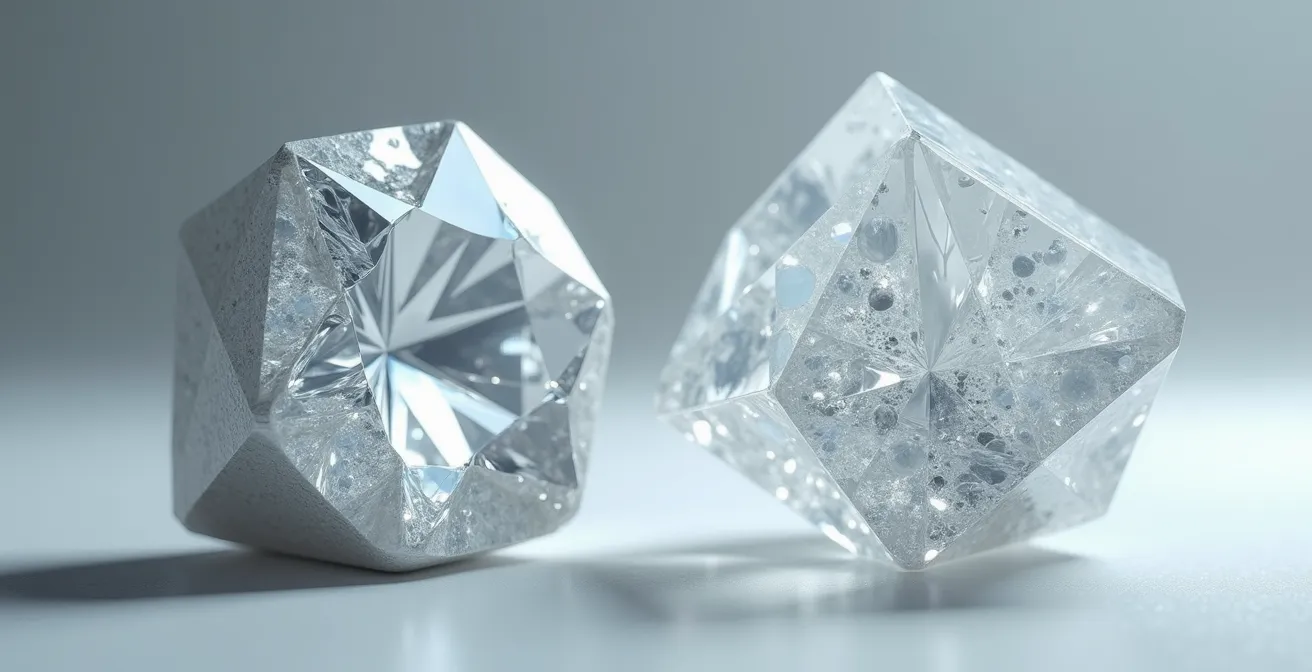 Comparación visual del aprovechamiento del diamante bruto entre talla princesa cuadrada y brillante redonda