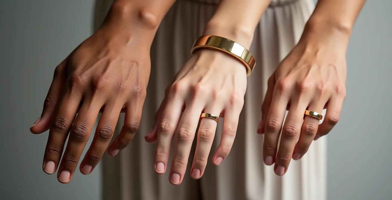 Tres manos con diferentes tonos de piel usando distintos tipos de oro para mostrar la armonía cromática.