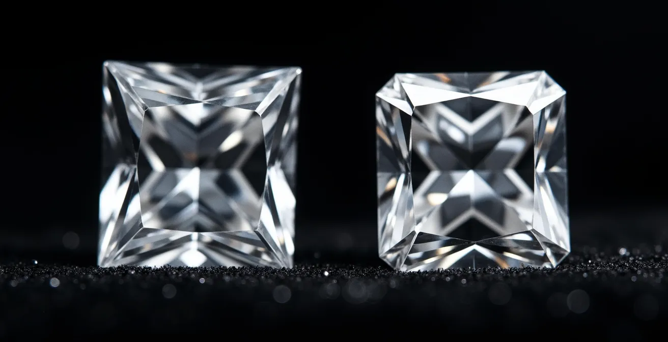 Comparación lado a lado de diamante corte princesa y cojín mostrando patrones de luz
