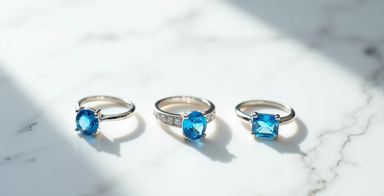 Tres topacios azules mostrando la gradación de color desde Sky hasta London Blue