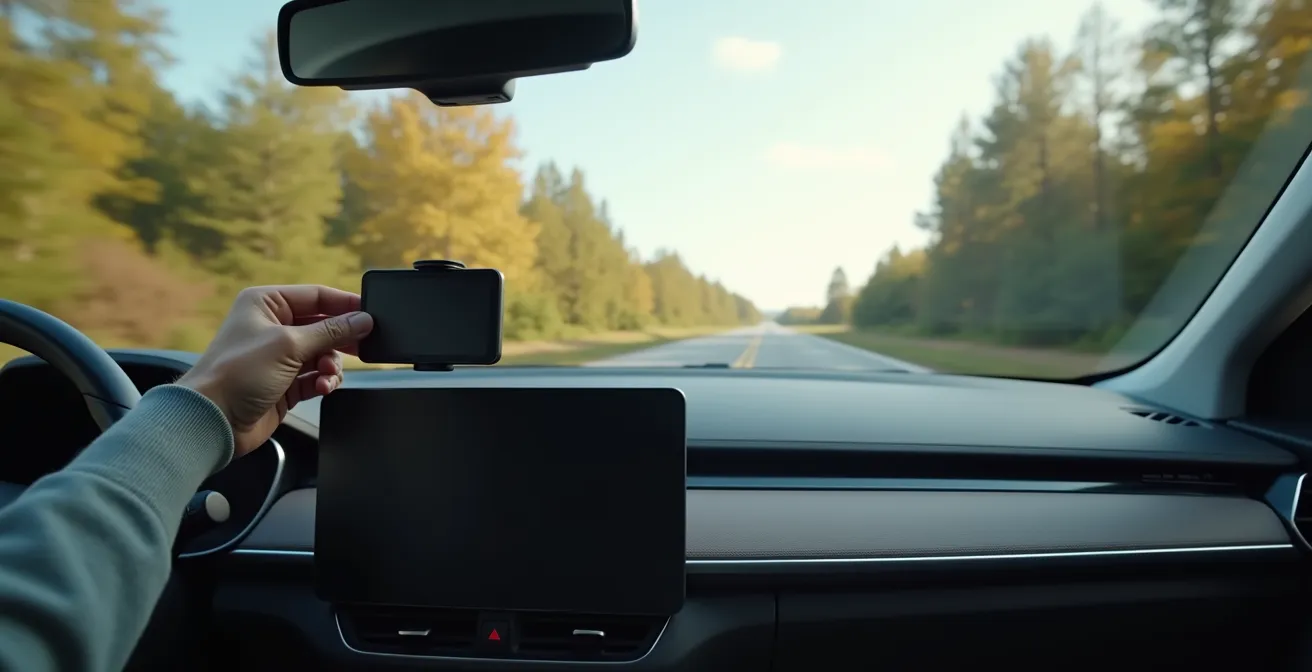 Conductor ajustando ángulo de pantalla GPS en el coche para mejor visibilidad con gafas polarizadas