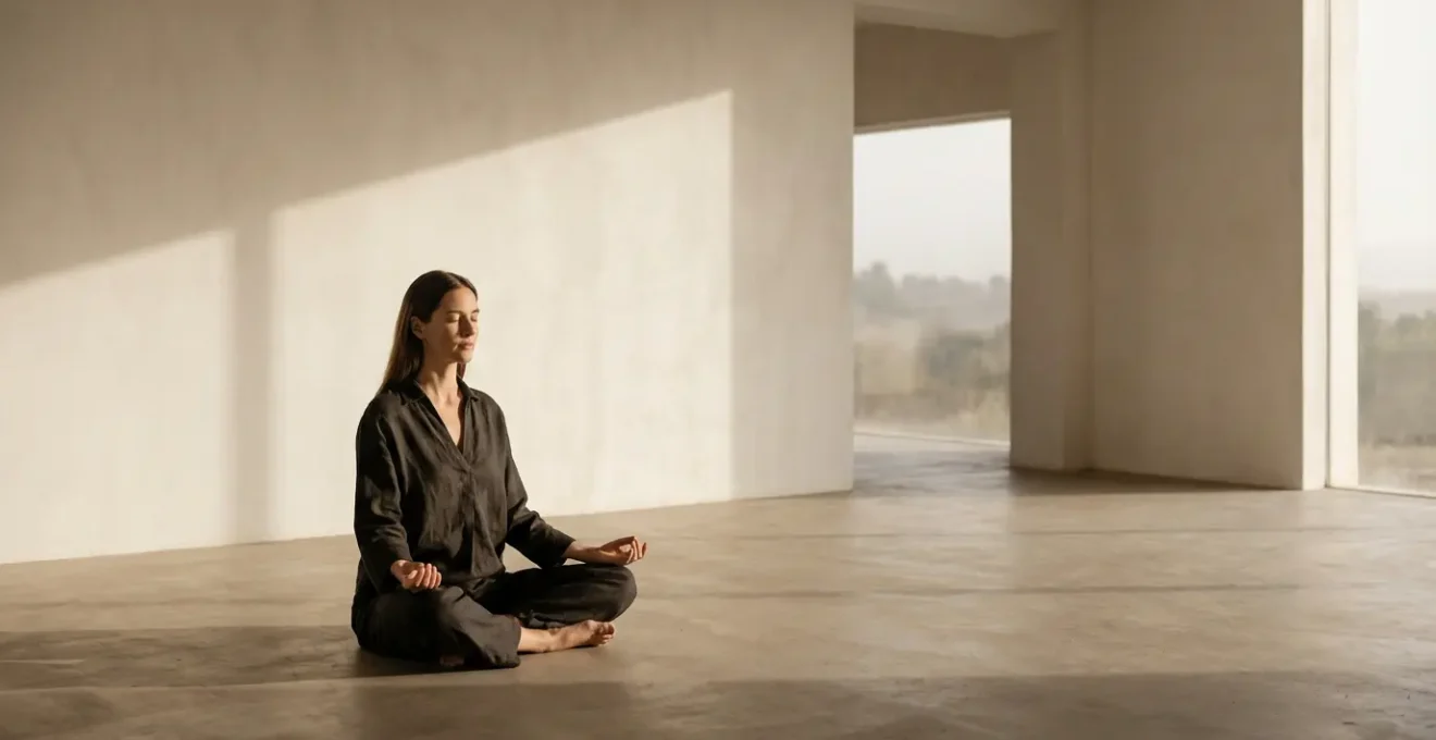 Mujer practicando meditación mostrando la conexión entre el bienestar mental y la salud cutánea