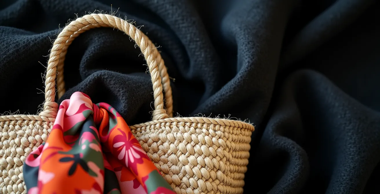 Detalle macro de capazo de rafia natural sobre abrigo de lana negro con pañuelo de seda colorido