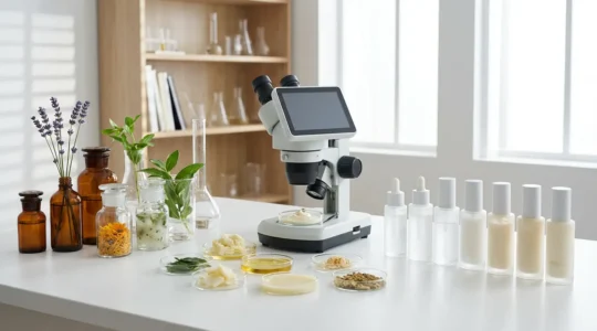 Investigación científica de cosméticos naturales con microscopio, plantas medicinales y formulaciones en laboratorio moderno