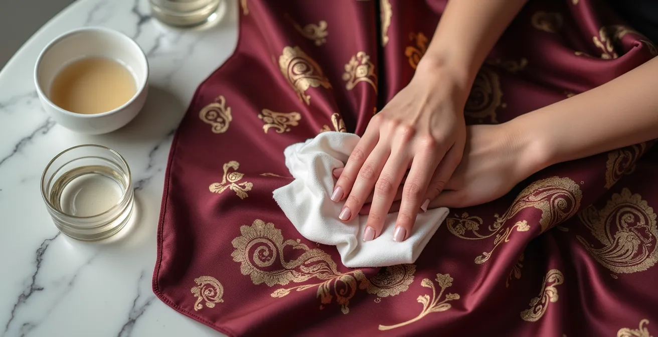 Manos femeninas limpiando delicadamente un pañuelo de seda con movimientos suaves