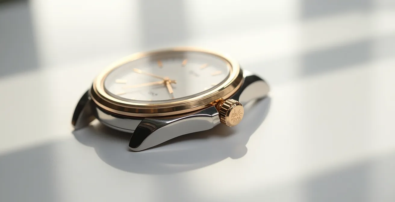 Vista lateral de caja de reloj mostrando diferentes opciones de grabado sin texto visible