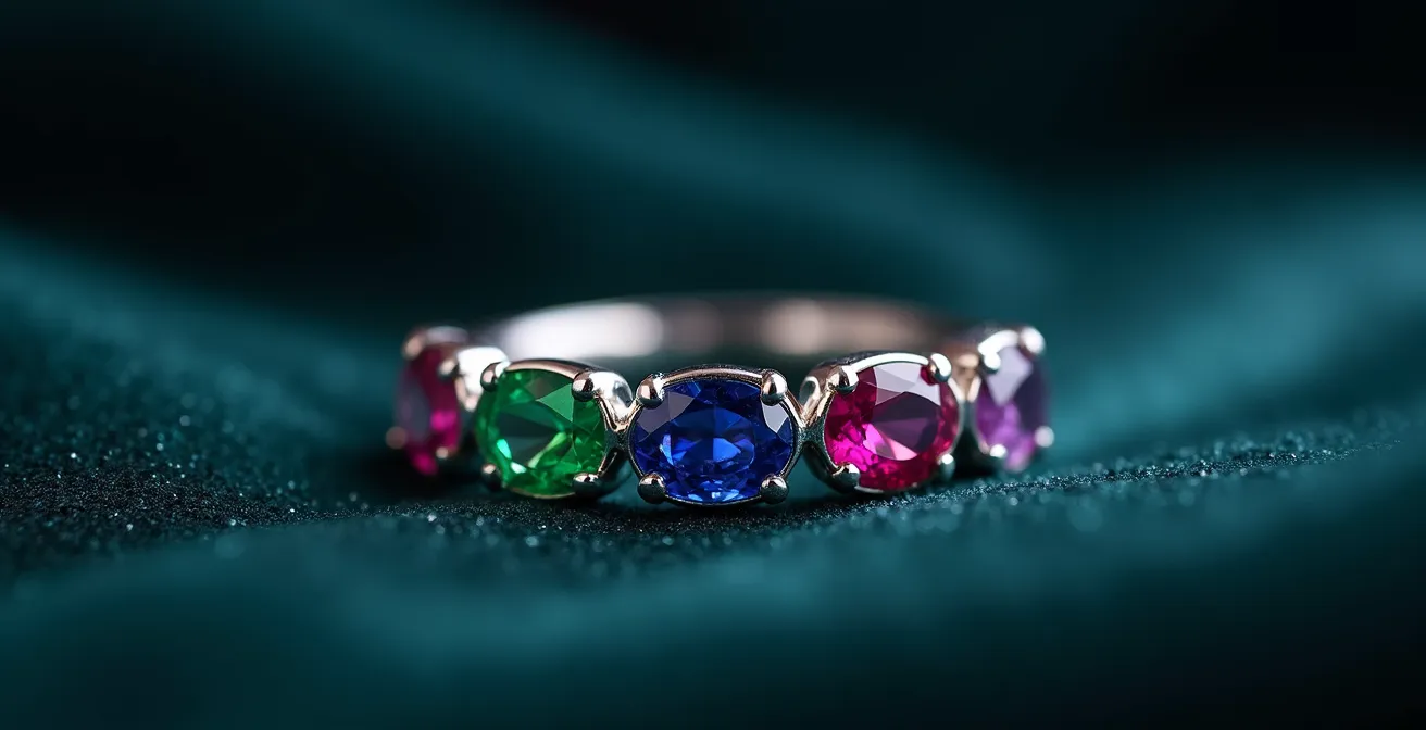 Vista macro de anillo con múltiples piedras de colores representando a una familia