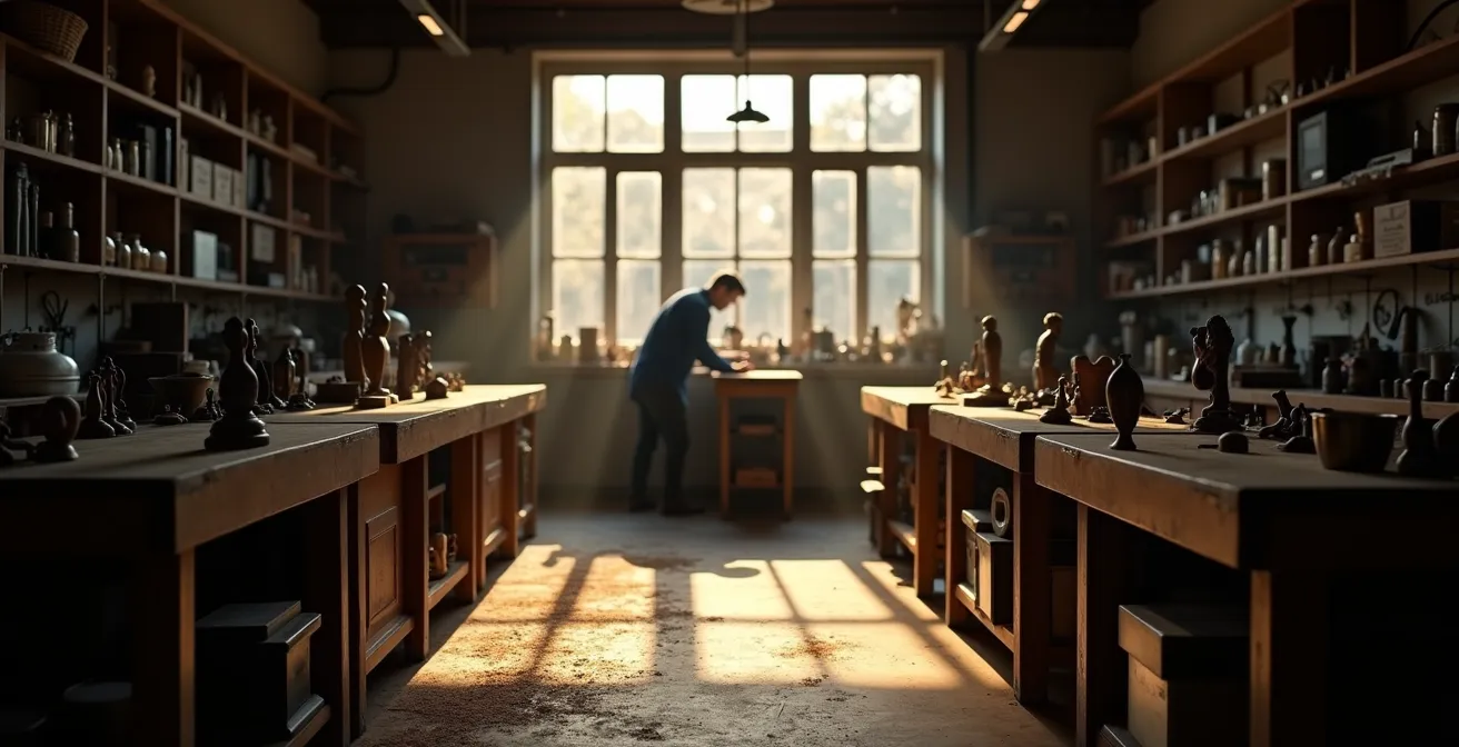 Taller de orfebrería artesanal con herramientas tradicionales y ambiente de trabajo auténtico