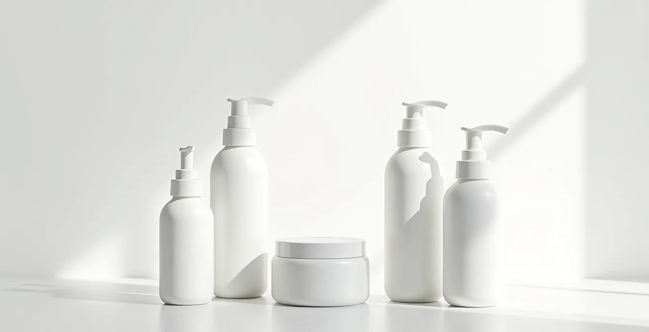 Envases airless de cosmética dispuestos en superficie minimalista blanca