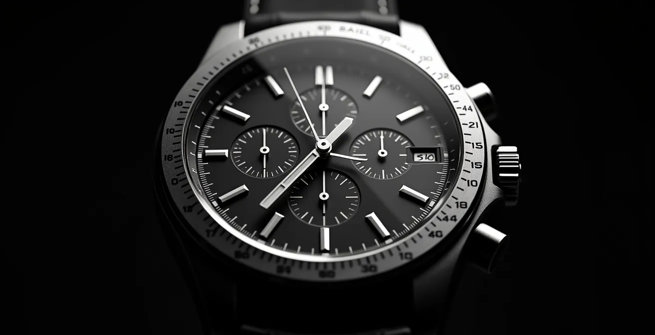 Vista cenital de un bisel taquimétrico de cronógrafo con números grabados y aguja segundero