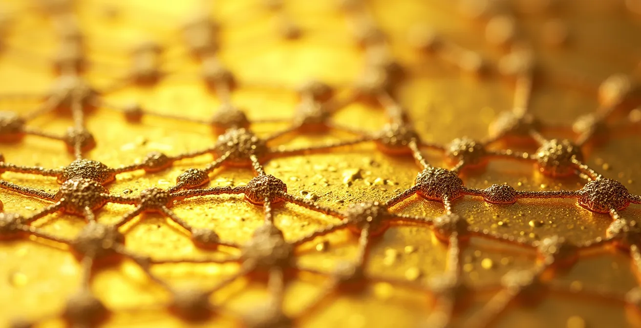 Vista microscópica de la estructura cristalina del oro de 18 quilates mostrando la aleación