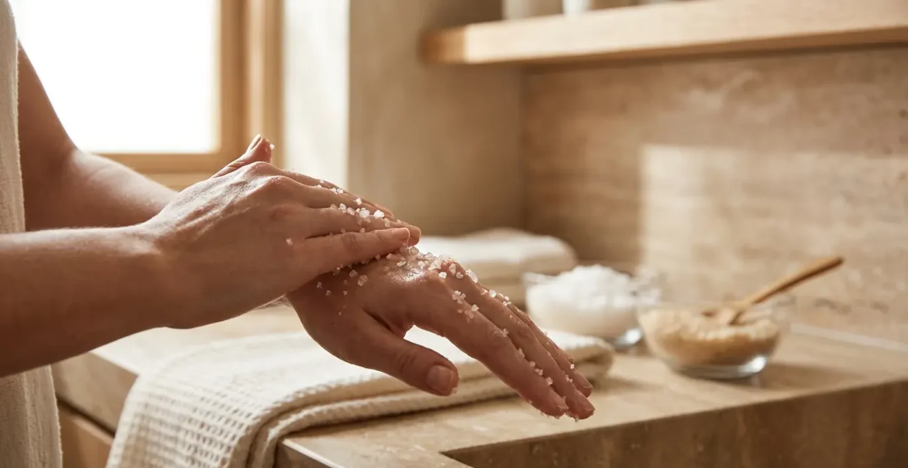Mujer aplicando exfoliante de sal marina en la piel con movimientos circulares