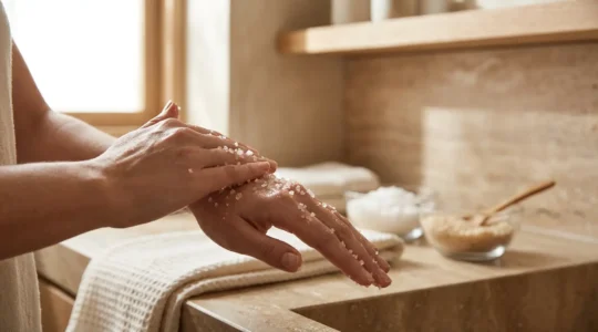 Mujer aplicando exfoliante de sal marina en la piel con movimientos circulares