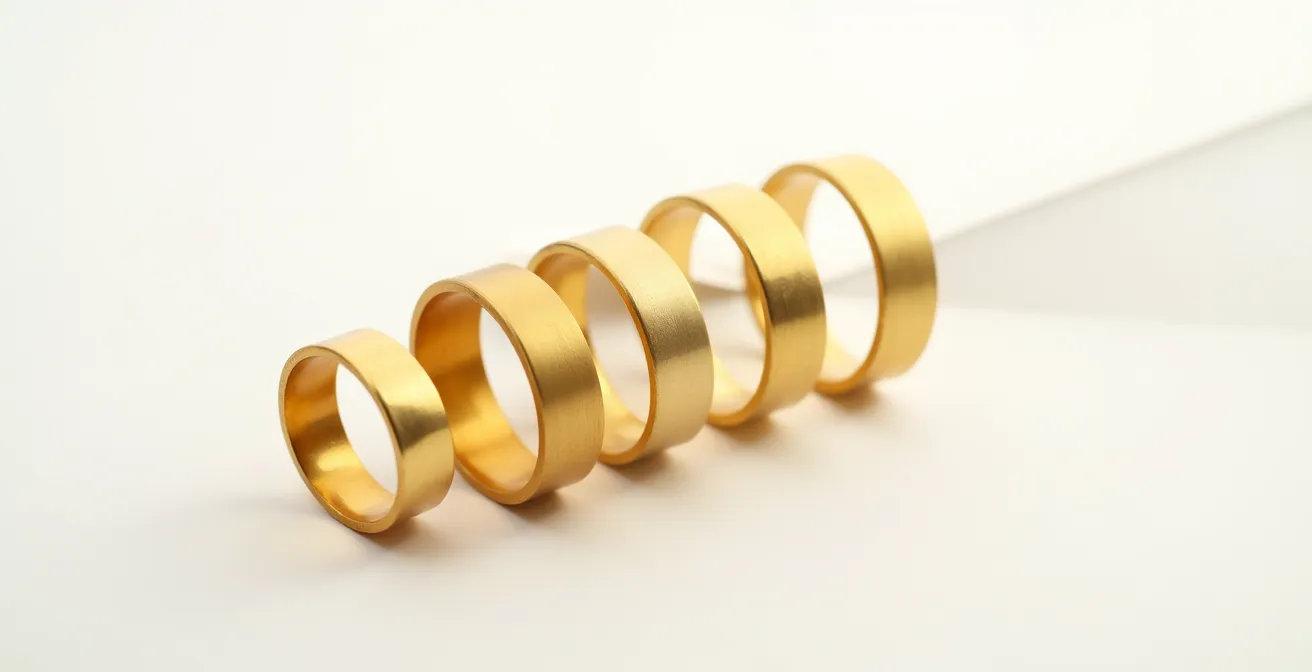 Gradación de color del oro desde 24k hasta 9k mostrando tonos amarillos diferentes