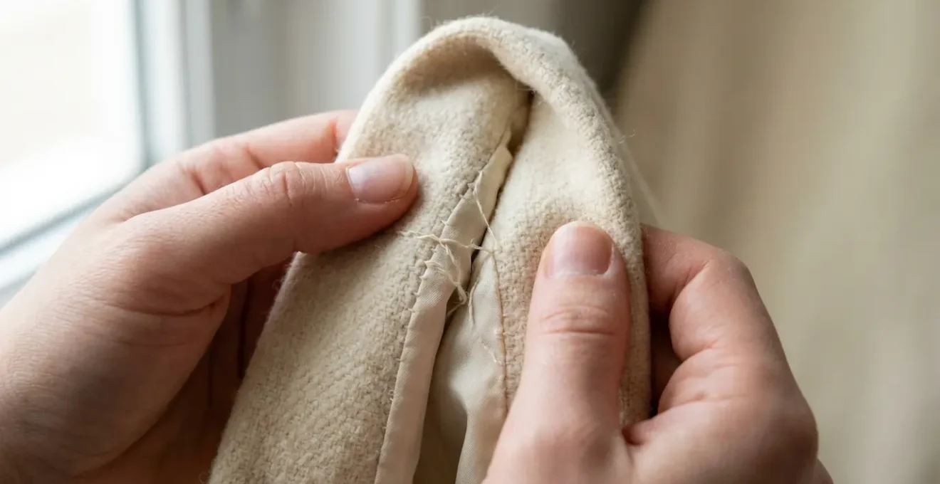 Manos femeninas examinando detalladamente las costuras de una prenda elegante con luz natural
