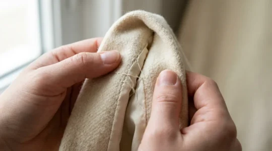 Manos femeninas examinando detalladamente las costuras de una prenda elegante con luz natural