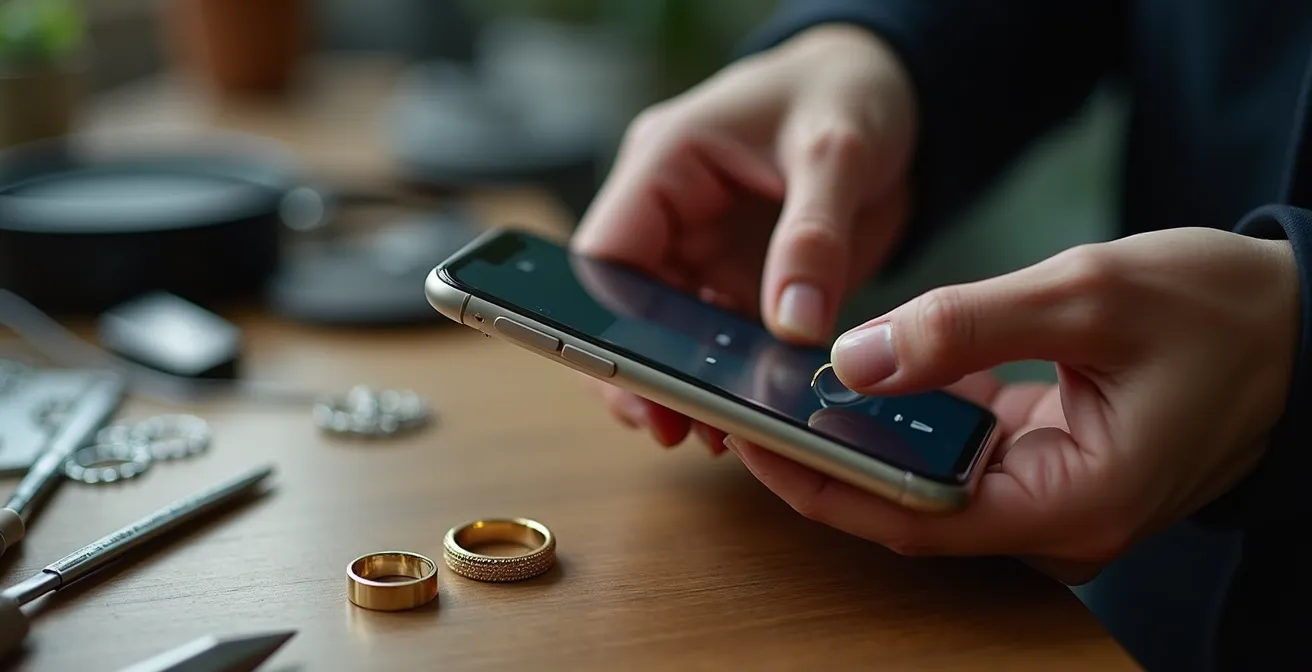 Inspección detallada de joya con lupa de smartphone para detectar falsificaciones
