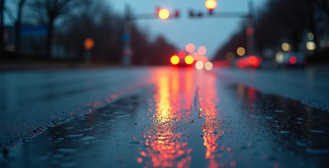 Demostración visual del filtro polarizador bloqueando luz horizontal del asfalto mojado