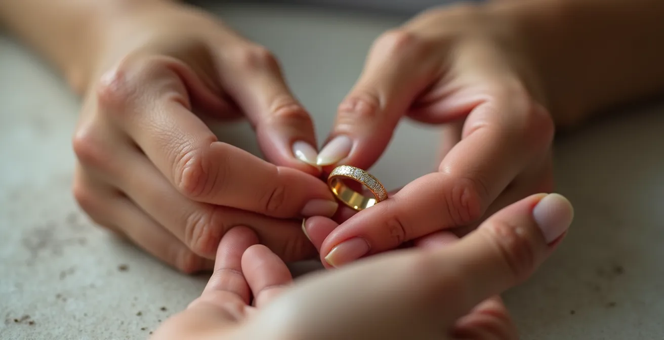 Manos sosteniendo delicadamente un anillo mientras se toma la medida con una cinta métrica cerca