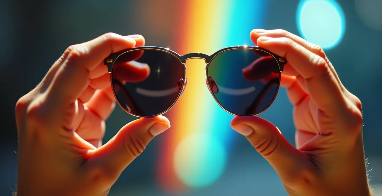 Manos realizando prueba de polarización con gafas frente a pantalla mostrando el efecto de oscurecimiento