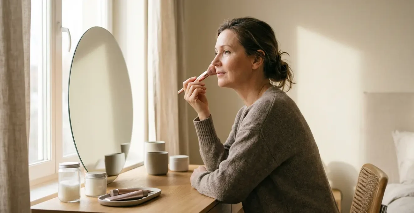 Mujer aplicando maquillaje frente al espejo con productos modernos y tradicionales