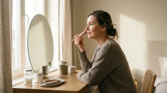 Mujer aplicando maquillaje frente al espejo con productos modernos y tradicionales