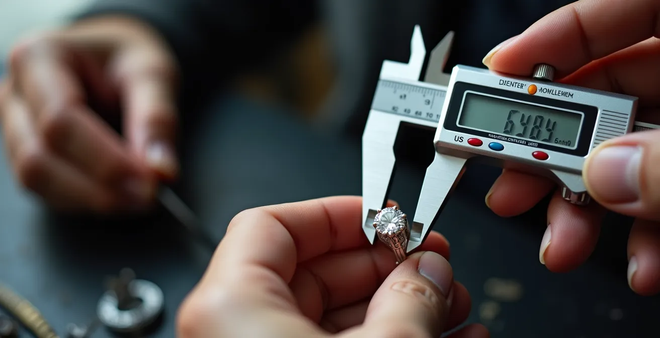 Técnica profesional de medición de diamante montado con calibrador digital