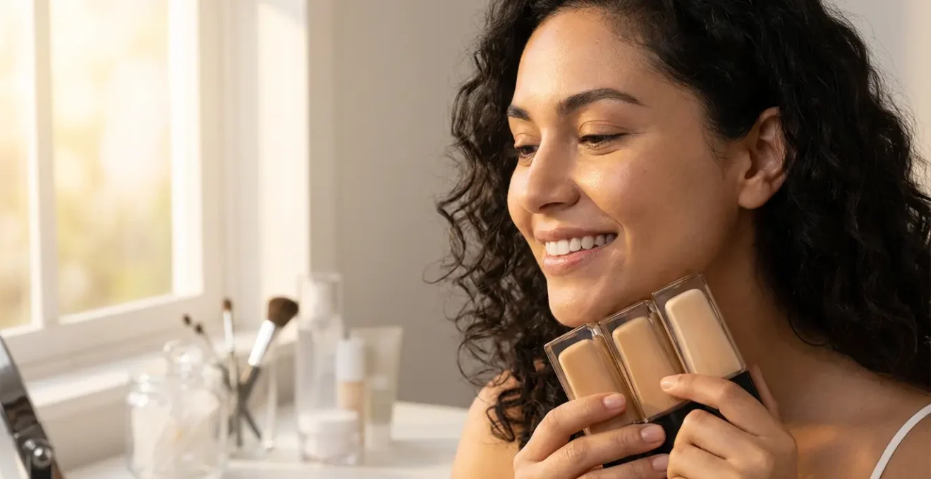 Mujer aplicando base de maquillaje del tono perfecto en luz natural con espejo