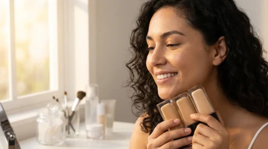 Mujer aplicando base de maquillaje del tono perfecto en luz natural con espejo