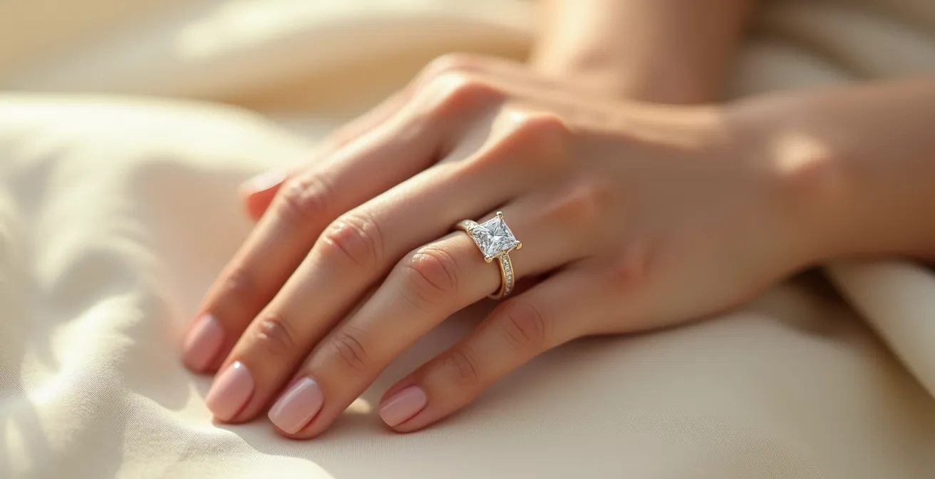 Mano elegante mostrando anillo con diamante princesa de proporciones perfectas