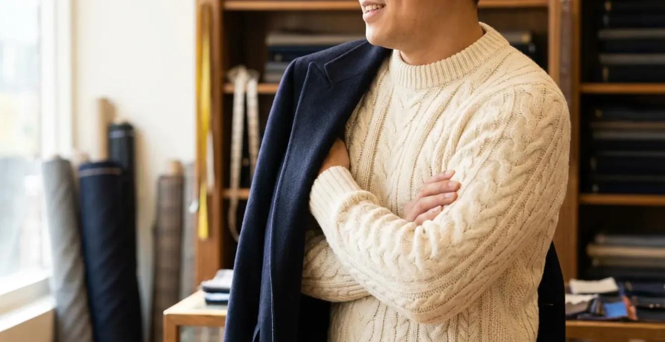 Demostración de ajuste correcto de abrigo sobre jersey grueso mostrando puntos clave de medición