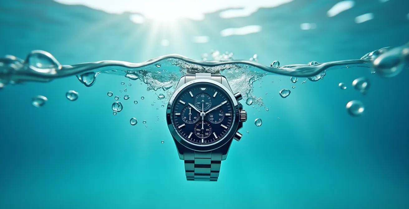 Detalle extremo de pulsadores de cronógrafo con gotas de agua mostrando la vulnerabilidad del mecanismo