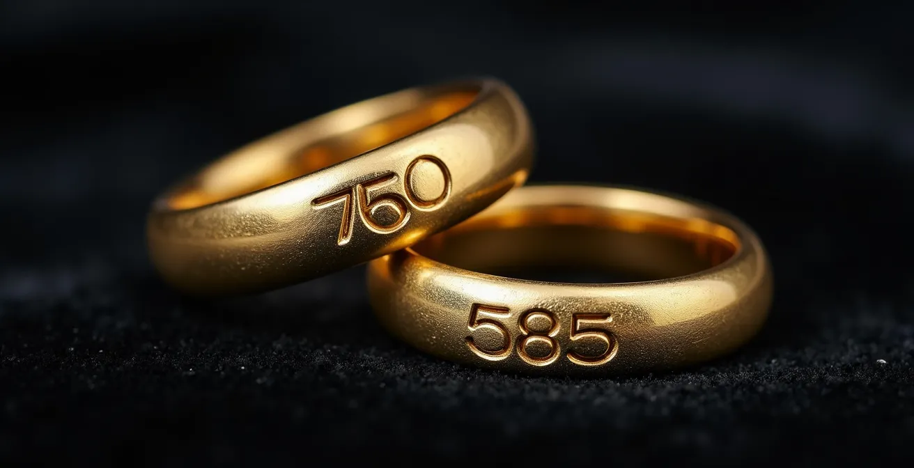 Detalle macro de punzones de oro 750 y 585 grabados en el interior de anillos