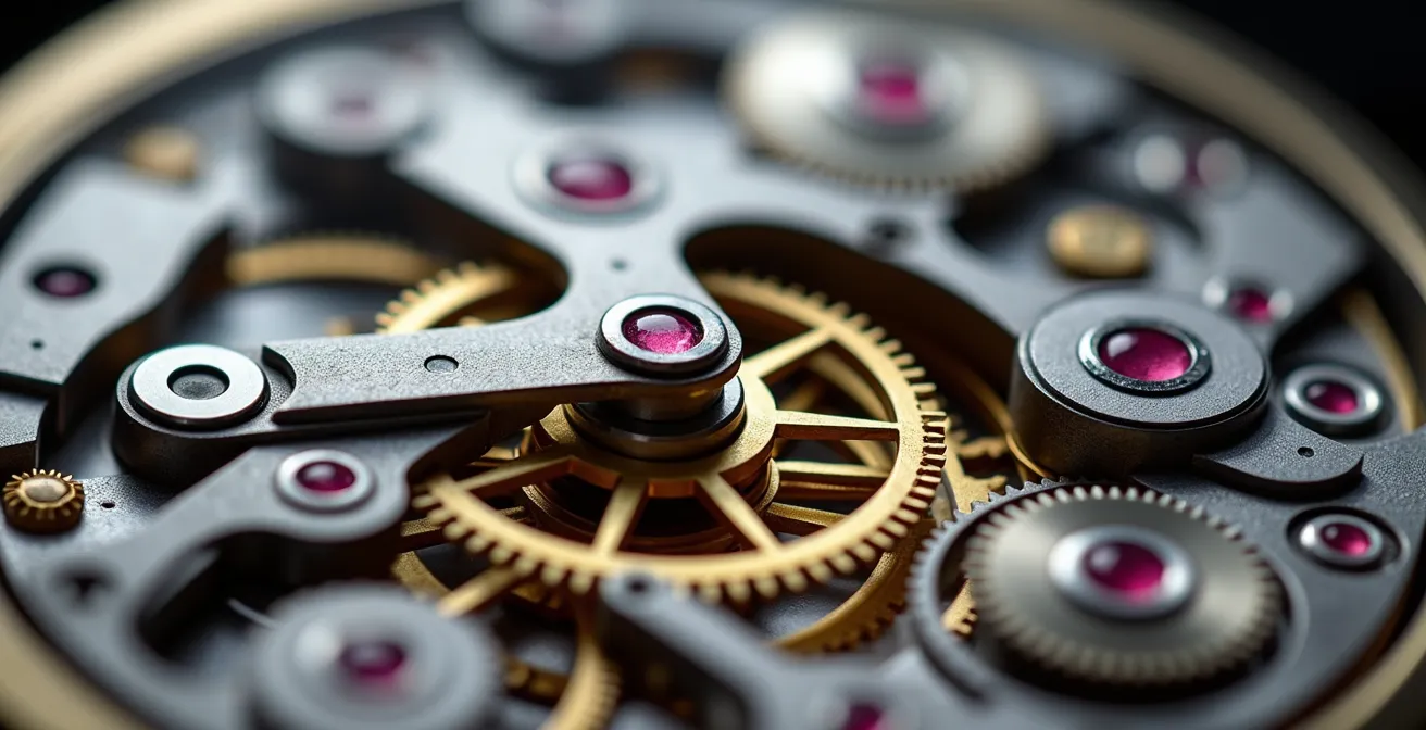 Detalle macro de mecanismo de reloj automático mostrando engranajes y rubíes sintéticos