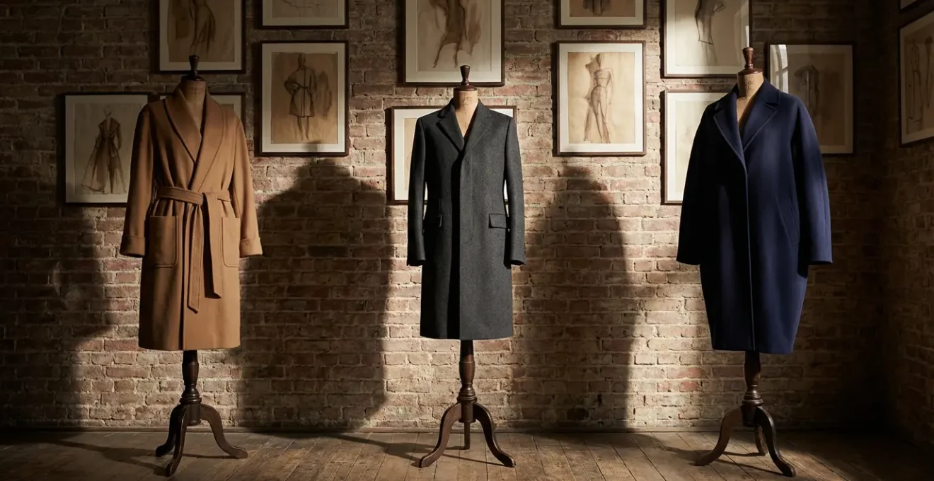 Comparación visual de tres siluetas clásicas de abrigo: bata, recto y cocoon en tejidos premium